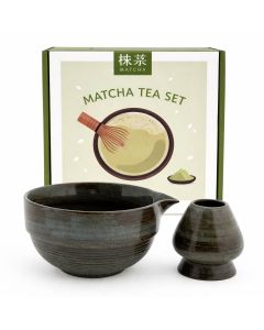 Matcha set met bruingrijze matcha kom en gardehouder in geschenkverpakking