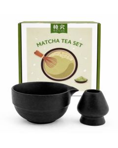 Matcha set met zwarte matcha kom en gardehouder in geschenkverpakking