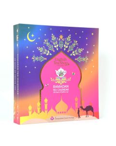 Vooraanzicht van de Ramadan Tea Calendar van English Tea Shop – kleurrijke verpakking met maan, sterren en moskee, bevat 30 biologische theezakjes