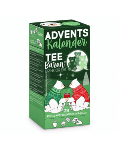 Groene Tea Bears adventskalender met 24 zakjes fruitige theebeertjes om als thee te drinken of direct te eten.