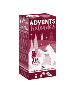 Rode Tea Bears adventskalender met 24 zakjes fruitige theebeertjes om als thee te drinken of direct te eten.