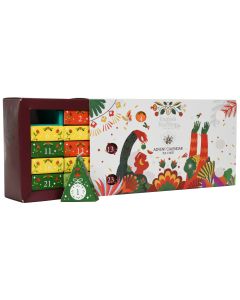 Afbeelding van de zijkant van de English Tea Shop adventskalender met lade-indeling en kleurrijke feestelijke illustraties.