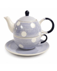 Tea for One Dotty Blue met lichtblauwe theepot, witte stippen, donkerblauwe knop en bijpassende kop op schotel.
