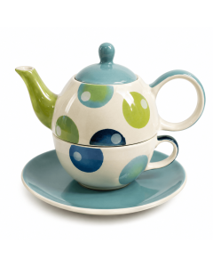 Tea for One Laguna met keramische theepot, kop en schotel in turquoise, groen en blauw met rond patroon.