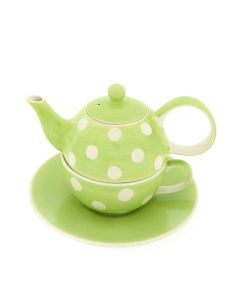Tea for One Set “Lime Dot” in frisgroen met witte stippen – theepot, kopje en schotel op witte achtergrond.