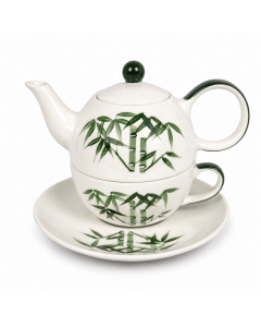Tea for One Natuur met witte theepot, kop, schotel en groene bamboeprint op witte achtergrond.