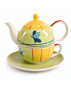 Groene Tea for One Papilia met gele deksel, blauwe vlinder, kop en groene schotel.