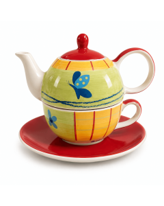 Tea for One Papilia rood met rode deksel, rode schotel, blauwe vlinder en geel-groene kop.