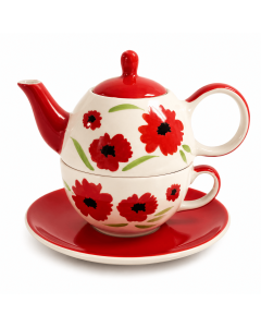 Tea for One Rosella met witte theepot, rode bloemendecoratie, rode deksel, rode tuit en bijpassende kop op rode schotel.
