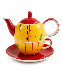 Tea for One Solara Roja met gele keramische theepot, rode deksel, rode tuit, rode handgreep en bijpassende kop op rode schotel.