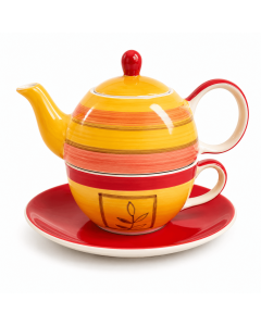Tea for One Solara met geel-oranje theepot, rode schotel, rood handvat en gestreepte kop.