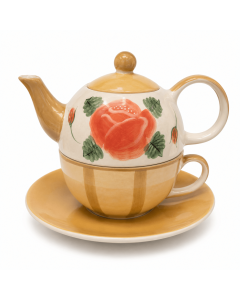 Tea for One Sunny Blossom met theepot, kop en schotel in geel met rood bloemmotief op witte achtergrond.