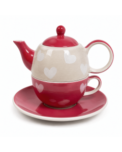 Tea for One Sweet Hearts met rode theepot, kop en schotel met witte hartjes op witte achtergrond.