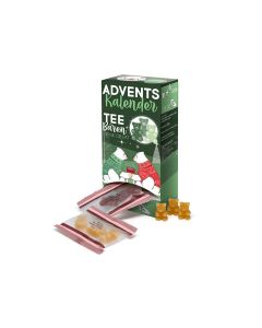 Theeberen adventskalender met geopende vakjes en zichtbare verpakte theeberen