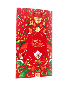 Rode theekalender in boekvorm van English Tea Shop – gesloten voorkant met feestelijk ontwerp.