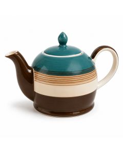 Keramische theepot Azure van 1900 ml met turquoise deksel, turquoise bovenzijde en bruine onderzijde met fijne horizontale lijnen op een witte achtergrond.