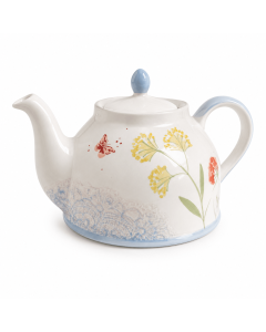 Witte keramieken theepot Bellaflora van 1000 ml met gele bloemen, rode vlinder en lichtblauwe details.
