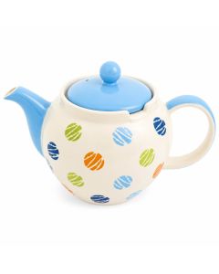 Handbeschilderde theepot Brisa met blauw deksel en kleurrijke stippen op witte achtergrond