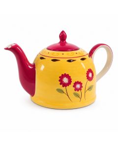 Theepot Danja 1900 ml met gele basis, rode schenktuit en deksel, beige handvat en bloemmotief op een witte achtergrond.