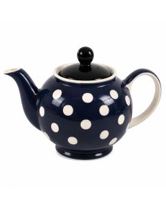 Keramische theepot van 1000 ml in donkerblauw met witte stippen, zwarte deksel en lichte handgreep tegen een lichte achtergrond.