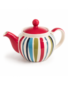 Keramische theepot Fiesta van 800 ml met rode deksel en tuit en een patroon van verticale strepen in rood, blauw en groen op een witte achtergrond.