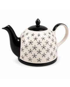 Keramische theepot Flor Negra van 1900 ml met zwart deksel, zwarte schenktuit en wit oppervlak met grijs bloemenpatroon.