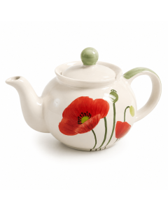 Keramische theepot Klaproos van 800 ml met rode klaprozen op witte ondergrond en lichtgroene details.