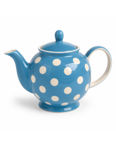 Keramische theepot van 1000 ml in lichtblauw met witte stippen op een witte achtergrond.