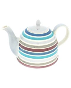 Keramische theepot Maris met handgeschilderde strepen in blauw, rood en grijs op witte achtergrond.
