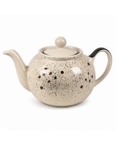 Keramische theepot Mokka Spikkel van 1200 ml in crème met zwarte spikkels, bruine stippen en zwart accent aan het handvat tegen lichte achtergrond.