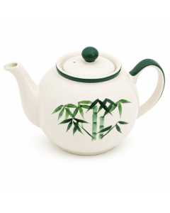 Witte keramische theepot met groene bamboeprint, groen deksel en groen accent op het handvat.