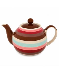 Keramische theepot Retro Strepen van 1200 ml met horizontale strepen in bruin, rood, crème, lichtblauw en roze tegen lichte achtergrond.