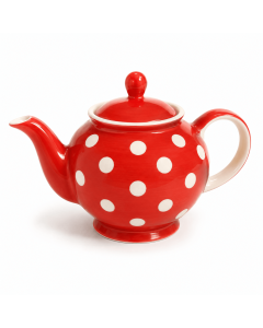 Rode keramische theepot van 1000 ml met witte stippen op een witte achtergrond.