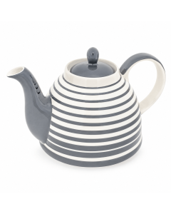 Keramische theepot Sereno met grijs-witte strepen, grijze schenktuit, grijs deksel en wit handvat op een witte achtergrond.