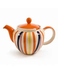 Gestreepte keramische theepot Sunrise 1000 ml met oranje deksel op witte achtergrond