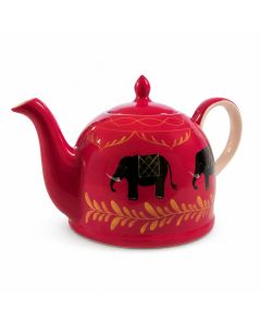 Theepot Suri 1900 ml in glanzend rood met zwarte olifanten, goudkleurige details en beige handvat op een witte achtergrond.