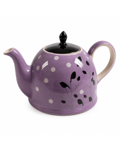 Keramische theepot Viola van 1900 ml in lila met witte stippen, zwarte deksel en subtiel zwart takdessin tegen een lichte achtergrond.