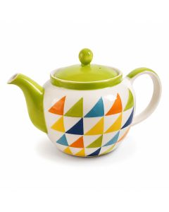 Keramische theepot Viva Verde van 1000 ml met groen deksel en tuit en kleurrijk geometrisch patroon tegen lichte achtergrond.