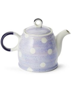 Theepot 'Bine' – keramieken theepot in lila met witte stippen, glanzende afwerking en donkerblauw accent op handvat en knop