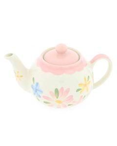 Theepot 'Lilua' – Klein formaat, handbeschilderd met bloemen in pastelkleuren en roze deksel, op witte achtergrond.