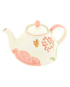 Theepot 'Florella' – keramisch ontwerp met roze bloemen, een vlinder en kanten reliëf, handbeschilderd in zachte tinten