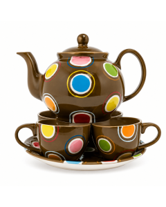 Zesdelige bruine keramische theeset Dottie met theepot, kopjes, schotel en kleurrijk cirkelpatroon.