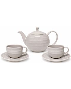 Grijze theeset Noble met ronde theepot en twee kopjes met schotels op witte achtergrond.