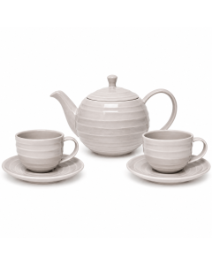 Keramische theepot Sereno met grijs-witte strepen, grijze schenktuit, grijs deksel en wit handvat op een witte achtergrond.