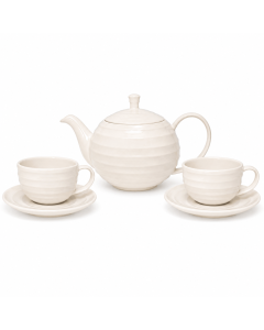 Witte keramische theeset Noble met theepot, twee kopjes en twee schotels met zachte glans en ribbelstructuur.
