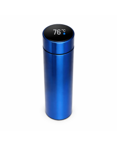 Roestvrijstalen thermosbeker blauw met LED temperatuurweergave op de dop, vrijstaand tegen witte achtergrond.