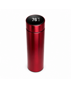 Roestvrijstalen thermosbeker rood met LED temperatuurweergave op de dop, vrijstaand tegen witte achtergrond.