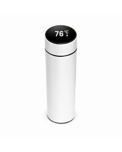 Roestvrijstalen thermosbeker wit met LED temperatuurweergave op de dop, vrijstaand tegen witte achtergrond.