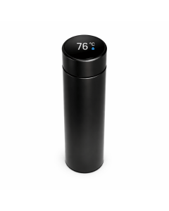 Roestvrijstalen thermosbeker zwart met LED temperatuurweergave op de dop, vrijstaand tegen witte achtergrond.