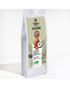 Biologische groene thee amandel kokos van Thés de la Pagode met amandel en kokos op het etiket